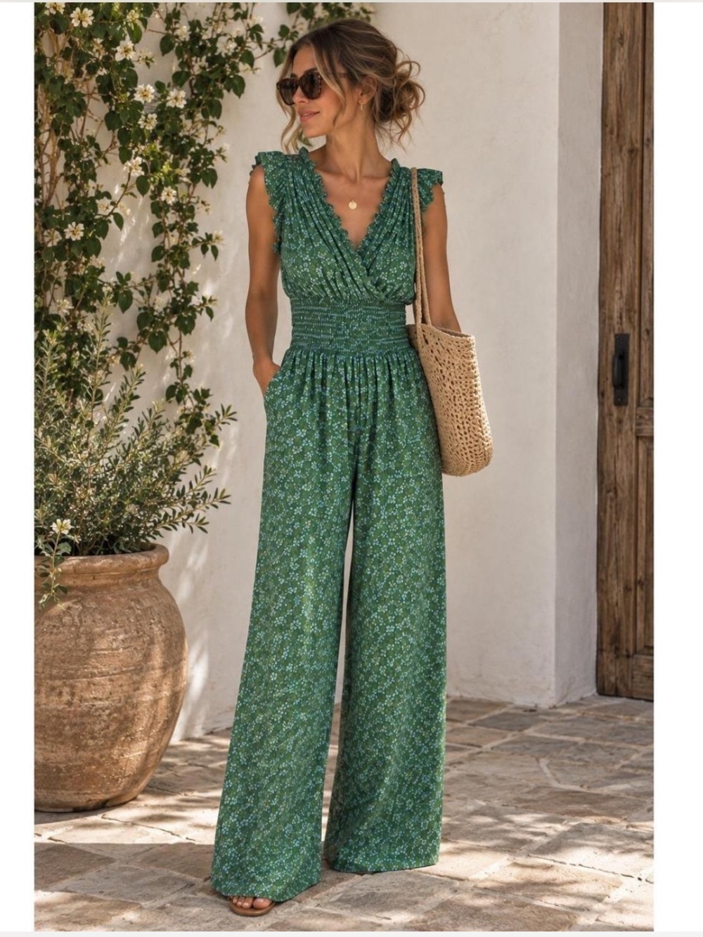 Coastal Green Ditsy Floral Smocked Waist Ruffle Wide Leg Jumpsuit Max Studio M